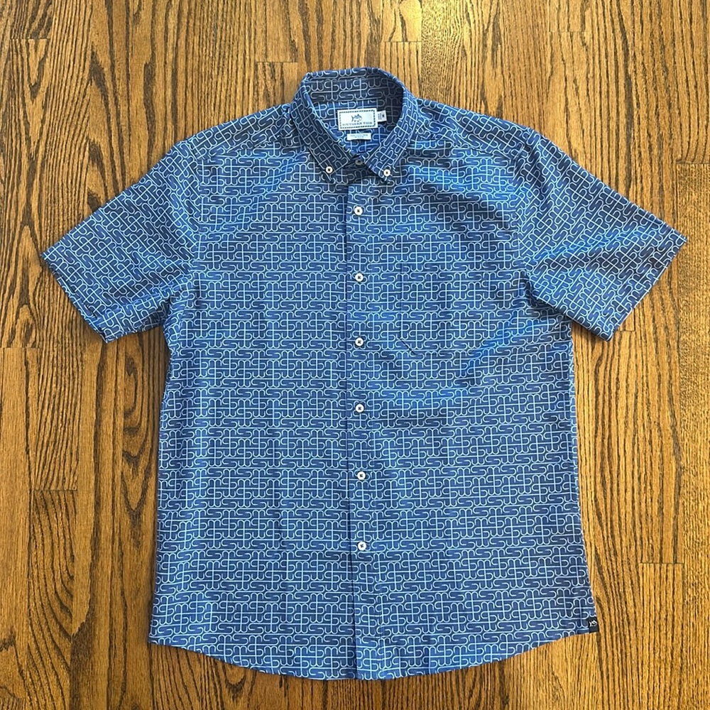 Southern Tide Blue Hook Print Short Sleeve Button Down Performance Dock Shirt M